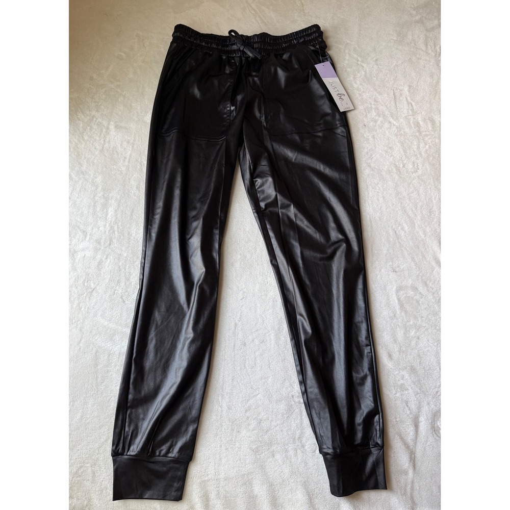 Just Be Black Faux Leather Joggers Womens Small‎ PU Elastic Waist Pants NWT